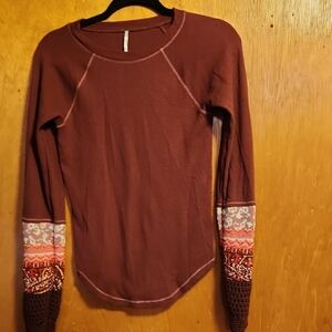 Free People Brown and Pink Patterned Long Sleeve Tee